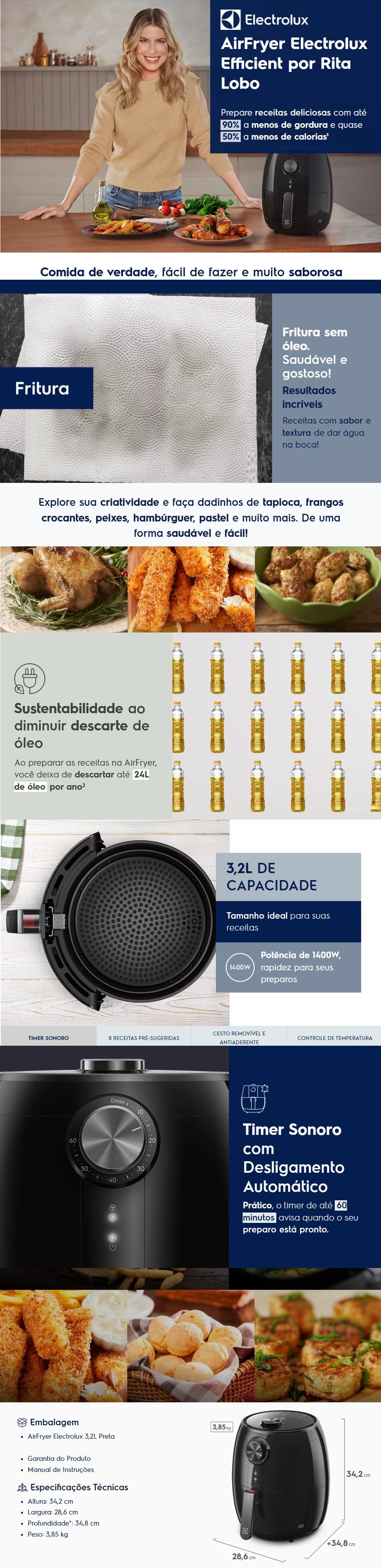Fritadeira Eletrica 1400W Air Fryer Electrolux 3.2L Digital Preta