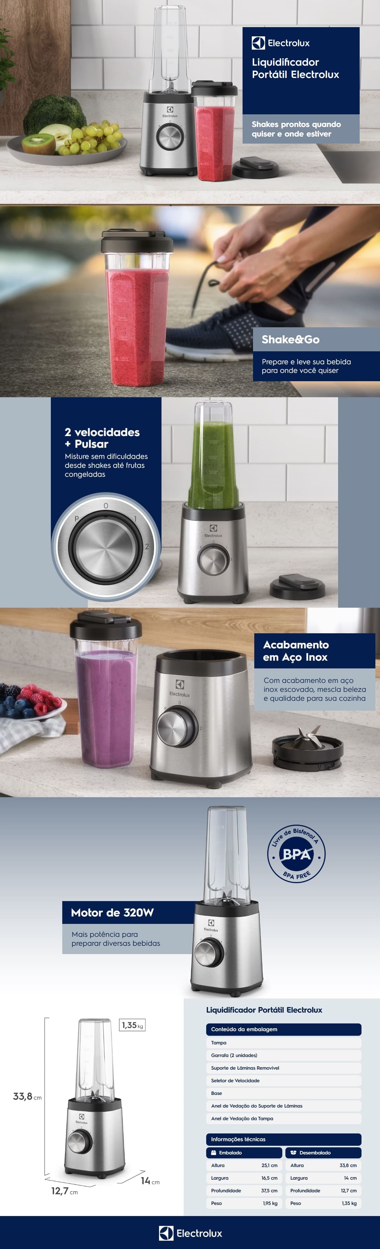 Liquidificador Portatil Electrolux 320W Jarra 1L Blender Inox BSE20