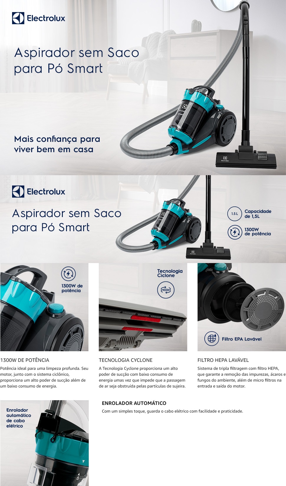 Aspirador de Po 1300W Electrolux 1.5L Filtro HEPA sem Saco ABS03